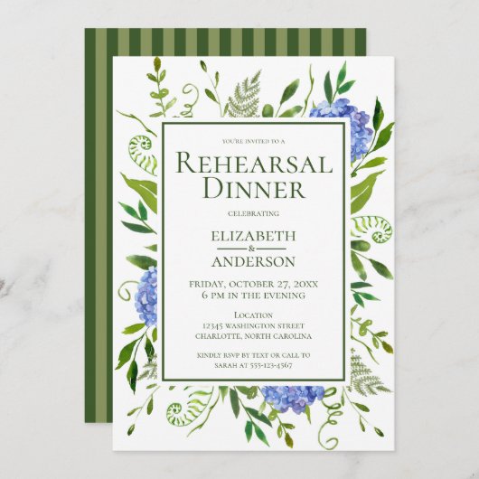 ブルーアジサイフローラ水の色のリハーサルディナー 招待状 (正面/裏面)