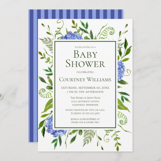 ブルーアジサイフローラ水彩赤ちゃんシャワー 招待状 (正面/裏面)