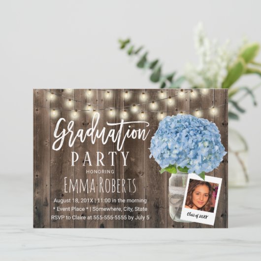 ブルーアジサイフローラ素朴ウッドフォト卒業 招待状 (スタンド正面)