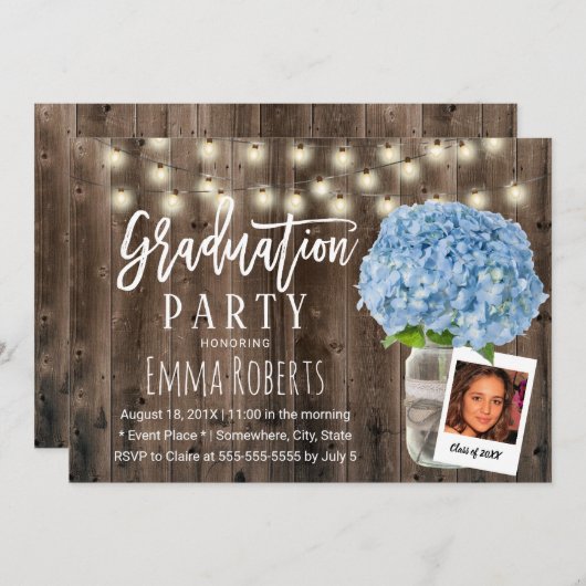 ブルーアジサイフローラ素朴ウッドフォト卒業 招待状 (正面/裏面)