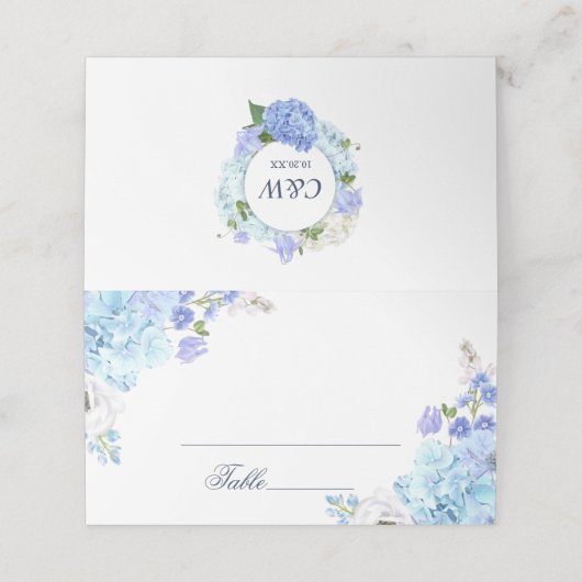 ブルーアジサイフローラ結婚グリーンリーのテーブル プレイスカード (外部開封)