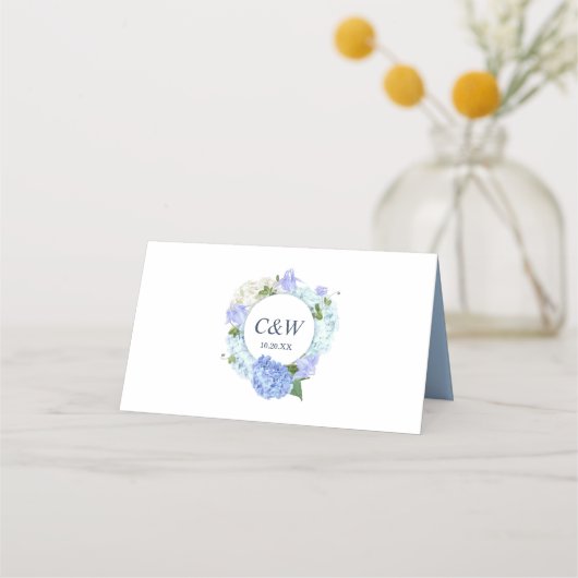 ブルーアジサイフローラ結婚グリーンリーのテーブル プレイスカード (裏面)