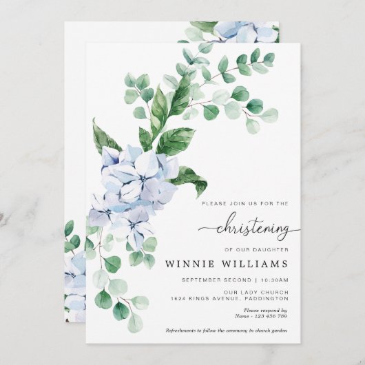 ブルーアジサイフローラ《キリスト教》洗礼式や命名式招待状 招待状 (正面/裏面)