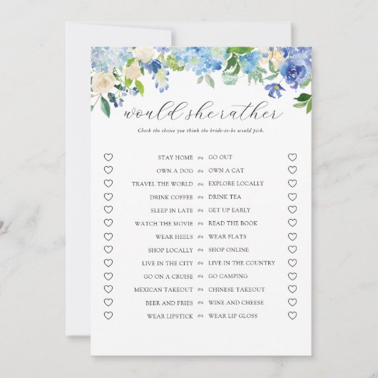 ブルーアジサイブライダルシャワーは彼女はむしろゲームをする 招待状 (正面)