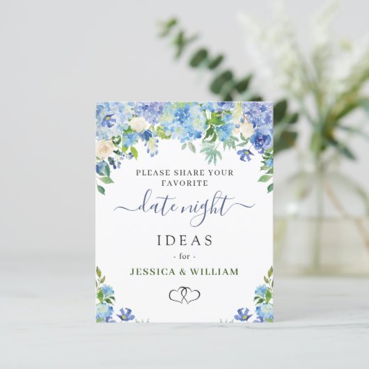 ブルーアジサイブライダルシャワーデイトナイトアイディアカード (スタンド正面)