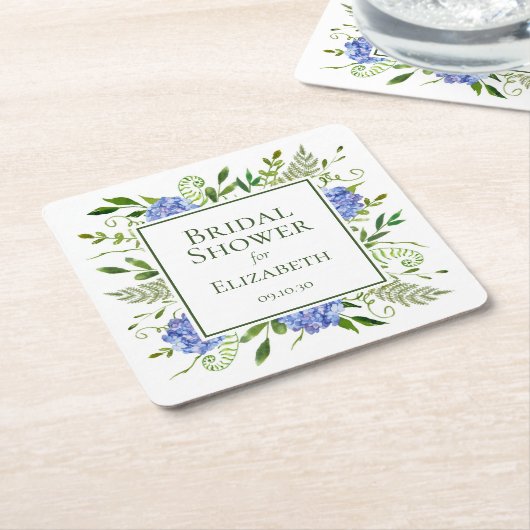 ブルーアジサイブライダルシャワー スクエアペーパーコースター (アングル)