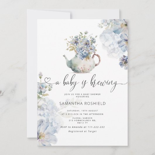 ブルーアジサイベビーは紅茶パーティーシャワーを醸造している 招待状 (正面)
