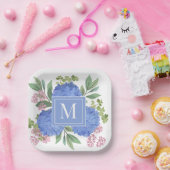 ブルーアジサイモダンズブーケカスタムモノグラム ペーパープレート (パーティー)