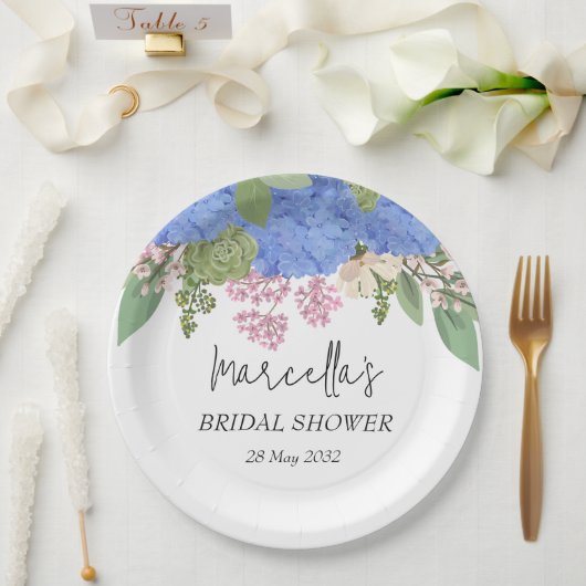 ブルーアジサイモダンフローラブライダルシャワーナプキン ペーパープレート (ウェディング)