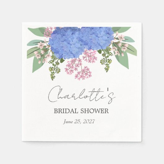 ブルーアジサイモダンフローラブライダルシャワー スタンダードカクテルナプキン (正面)