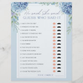 ブルーアジサイ彼は彼女はブライダルシャワーゲームと言った (正面)