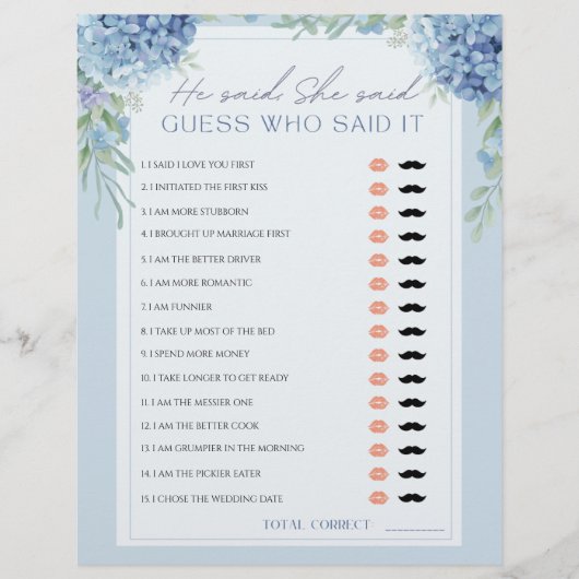 ブルーアジサイ彼は彼女はブライダルシャワーゲームと言った (正面)