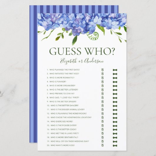 ブルーアジサイ推測ブライダルシャワーゲーム (正面/裏面)