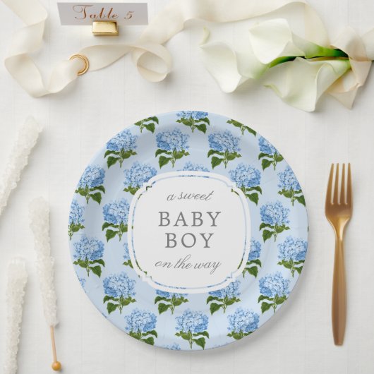 ブルーアジサイ柄スウィート男の赤ちゃん ペーパープレート (ウェディング)