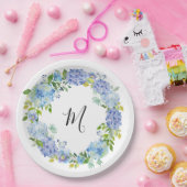 ブルーアジサイ水彩フローラモノグラム ペーパープレート (パーティー)
