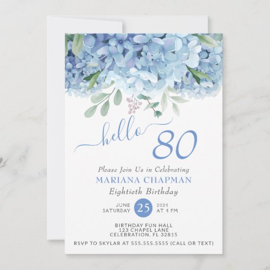 ブルーアジサイ水彩フローラ80誕生日 招待状 (正面)