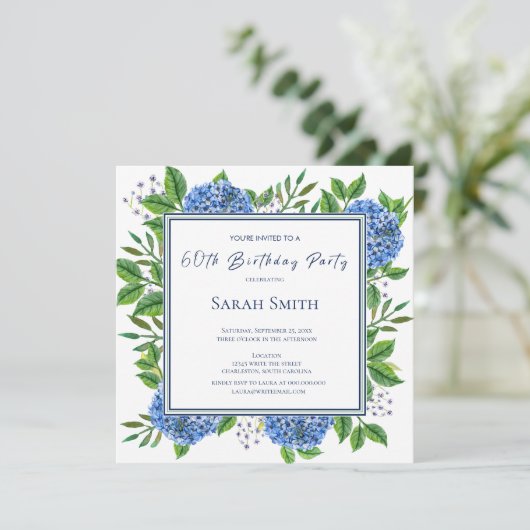 ブルーアジサイ水彩60th誕生日パーティー 招待状 (スタンド正面)