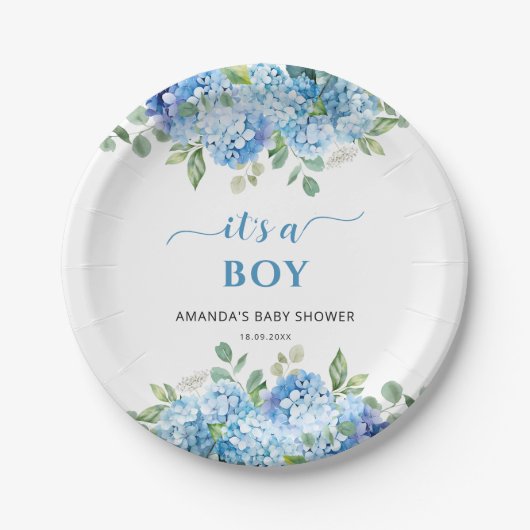 ブルーアジサイ男の子の赤ちゃんシャワー ペーパープレート (正面)