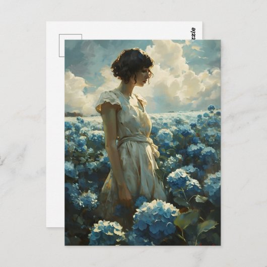 ブルーアジサイ畑の女性：ヴィンテージ美しい ポストカード (正面/裏面)