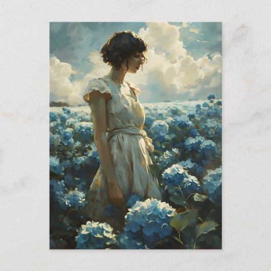 ブルーアジサイ畑の女性:ヴィンテージ美しい ポストカード (正面)