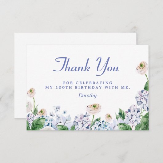 ブルーアジサイ白バラ100誕生日 サンキューカード (正面/裏面)