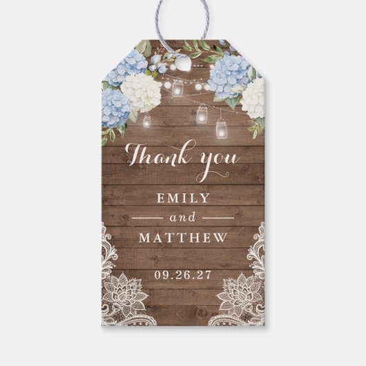 ブルーアジサイ素朴ウッドレースのストリングライト ギフトタグ (正面)