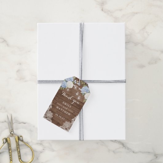 ブルーアジサイ素朴ウッドレースのストリングライト ギフトタグ (より糸付き)