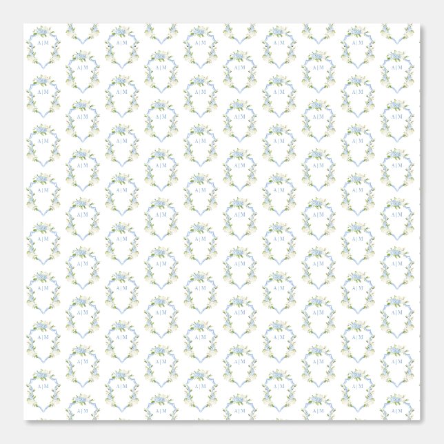 ブルーアジサイ結婚クレストモノグラムヴィンテージ 壁紙 (正面)