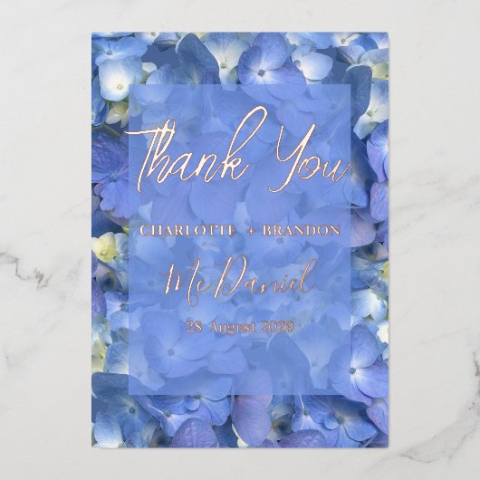 ブルーアジサイ結婚ズフローラありがとう 箔招待状 (正面)