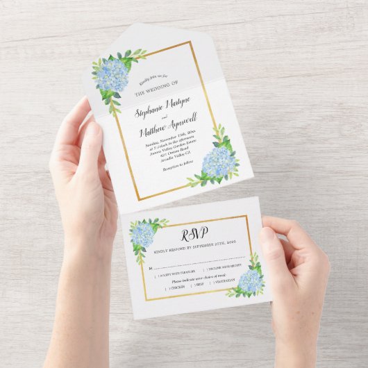 ブルーアジサイ縁ど結婚金ゴールド オールインワン招待状 (貼ってはがせる)