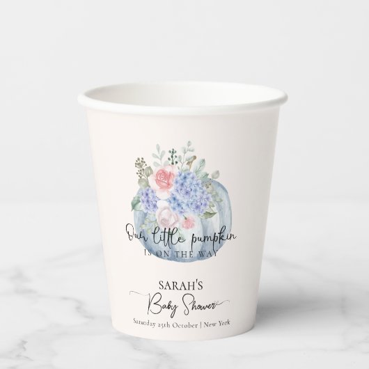 ブルーアジサイ花かぼちゃ秋ベビーシャワー 紙コップ (正面)