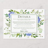 ブルーアジサイ花の水彩結婚式の詳細 エンクロージャーカード (正面)