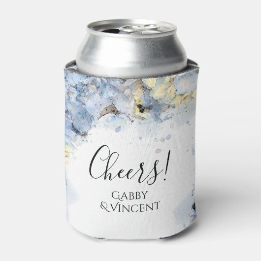 ブルーアジサイ花ウォーターカラー結婚式の引き出物 缶クーラー (缶正面)