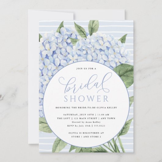 ブルーアジサイ花サークルフレームブライダルシャワー 招待状 (正面)