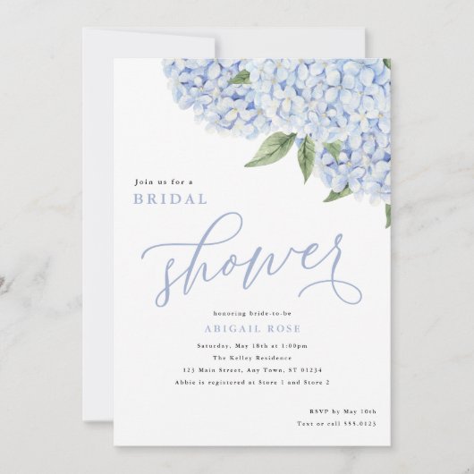 ブルーアジサイ花ビッグ開花ブライダルシャワー 招待状 (正面)