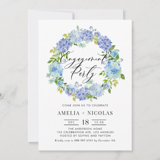 ブルーアジサイ花リース婚約パーティ 招待状 (正面)