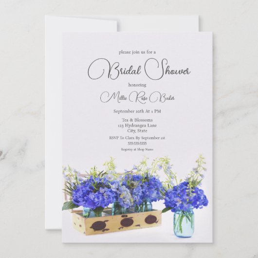 ブルーアジサイ花ヴィンテージボックスブライダルシャワー 招待状 (正面)
