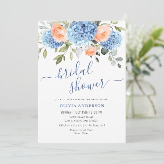 ブルーアジサイ赤面ピンクローズブライダルシャワー 招待状 (スタンド正面)
