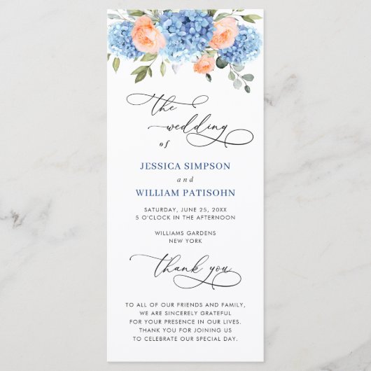 ブルーアジサイ赤面ピンクローズ結婚のセレモニー プログラム (正面)