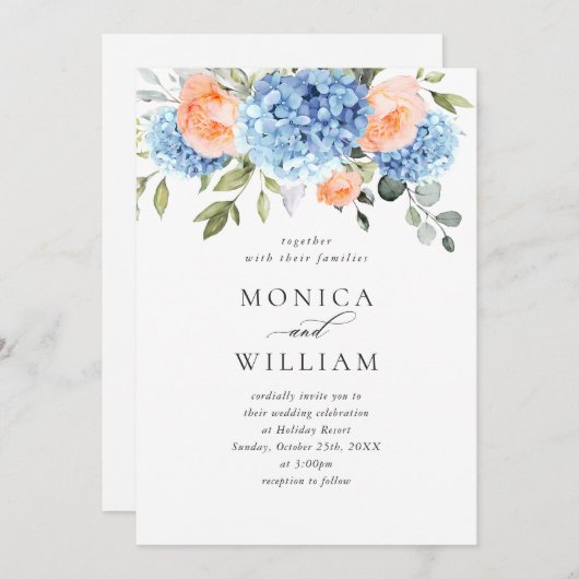 ブルーアジサイ赤面ピンクロ結婚ーズオールインワン 招待状 (正面/裏面)