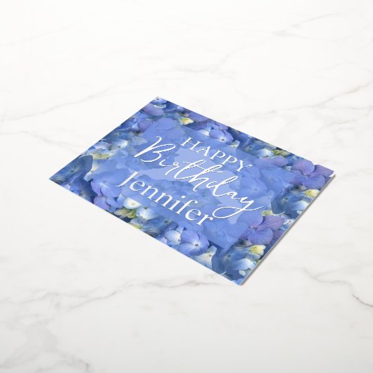 ブルーアジサイ開花ハッピーバースデー名前をカスタムする 箔シーズンポストカード (回転した状態)