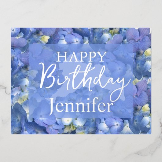 ブルーアジサイ開花ハッピーバースデー名前をカスタムする 箔シーズンポストカード (正面)