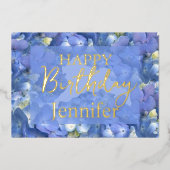 ブルーアジサイ開花ハッピーバースデー 箔シーズンカード (正面)