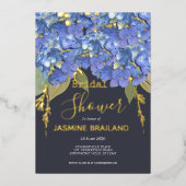 ブルーアジサイ開花パーソナライズされたブライダルシャワー 箔招待状 (正面)