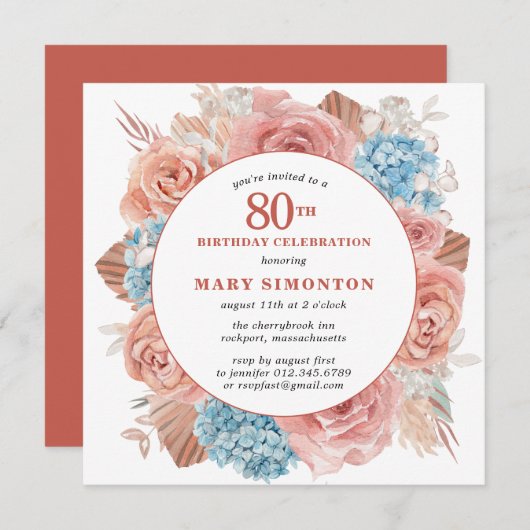 ブルーアジサイ・ピンクローズフローラ80誕生日 招待状 (正面/裏面)