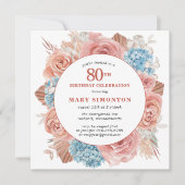 ブルーアジサイ・ピンクローズフローラ80誕生日 招待状 (正面)