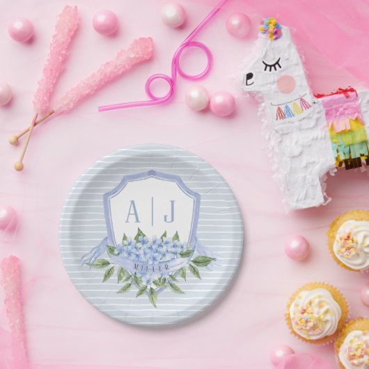 ブルーアジサイ・モノグラムストライプクレスト ペーパープレート (パーティー)