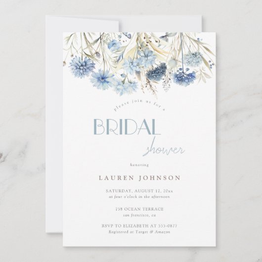 ブルーアジダニアコーンフラワーワイルドフラワーブライダルシャワー 招待状 (正面)