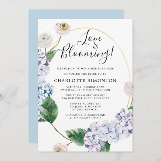 ブルーアジランジアホワイトローズフローラブライダルシャワー 招待状 (正面/裏面)