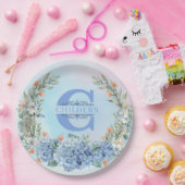 ブルーアジランジアモノグラム紙プレート ペーパープレート (パーティー)